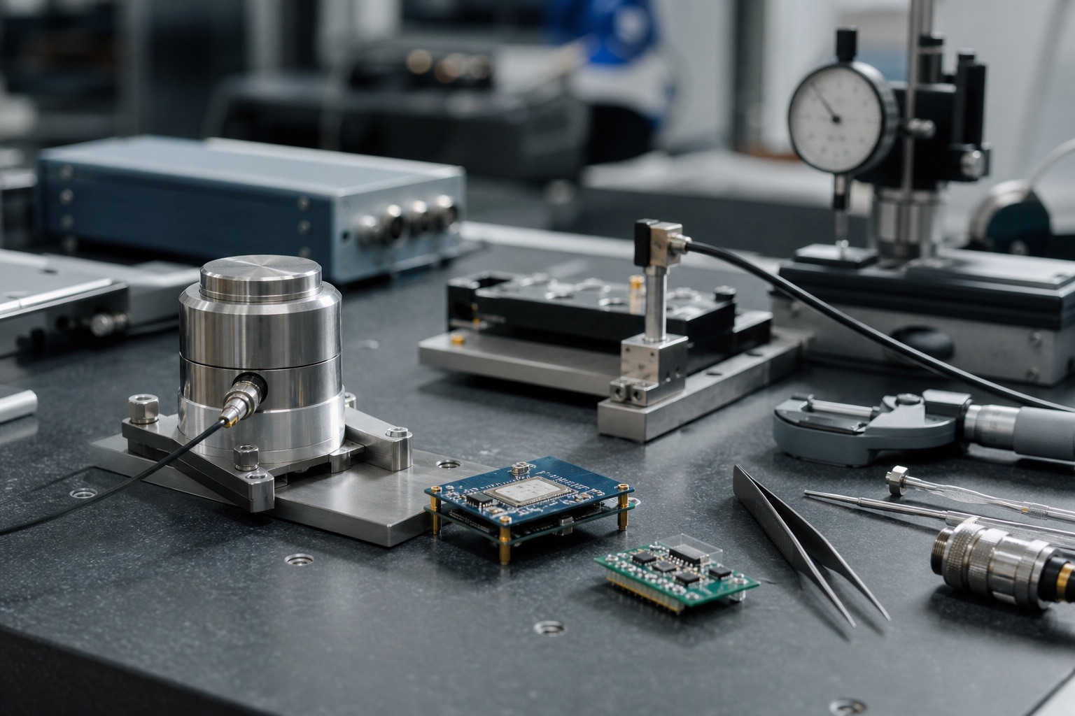 Close-up of sensors, fixtures, electronics, and measurement equipment.