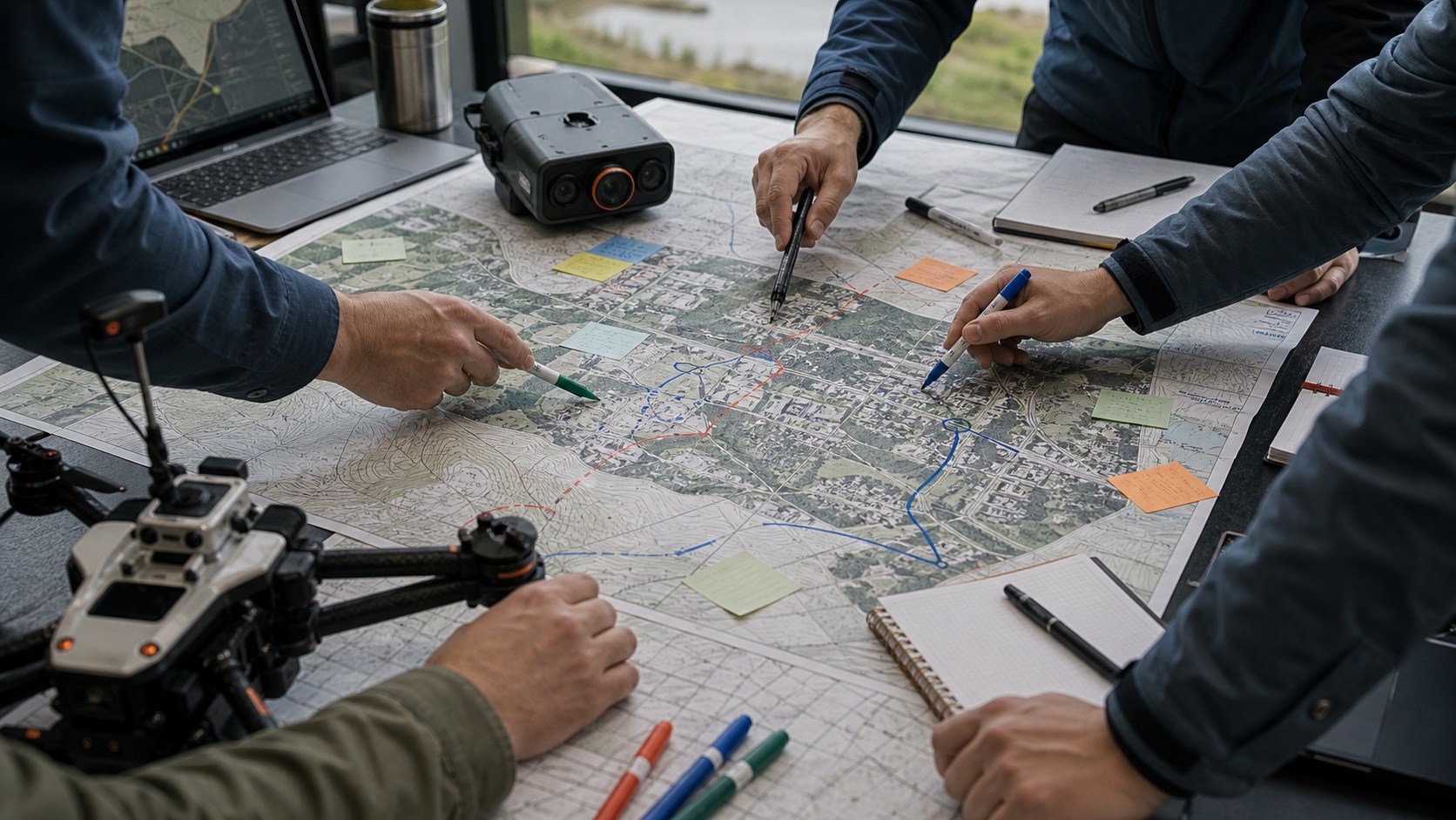 Collaborators planning around a terrain map with field markers and prototype equipment.