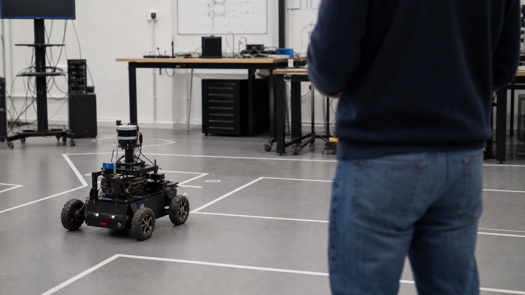 A mobile robot demonstration in a laboratory testing area.